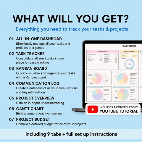 Project Management Spreadsheet, Task Tracker, Gantt Chart, Kanban Board & Budget Planner ES08