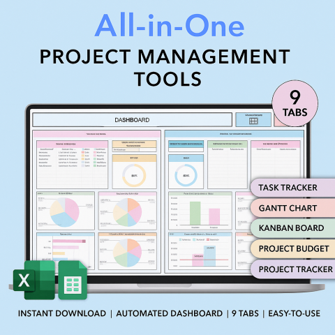 Project Management Spreadsheet, Task Tracker, Gantt Chart, Kanban Board & Budget Planner ES08