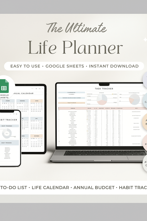 10-in-1 Life Planner Google Sheets | Budget Tracker, 2025 Calendar, Habit Tracker & To-Do List Template