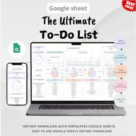 Ultimate To-Do List Spreadsheet | Daily Weekly Monthly Task Planner | Digital Productivity Tracker | Google Sheets Planner | Organize Tasks & Schedule